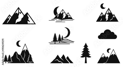 Mountain Landscape Icons with Pine Trees Moon and Winter Nature