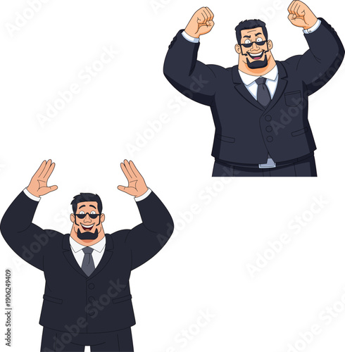 Powerful muscular businessman or bodyguard character in strongman celebration poses for corporate success leadership strength and personal security flat vector illustration