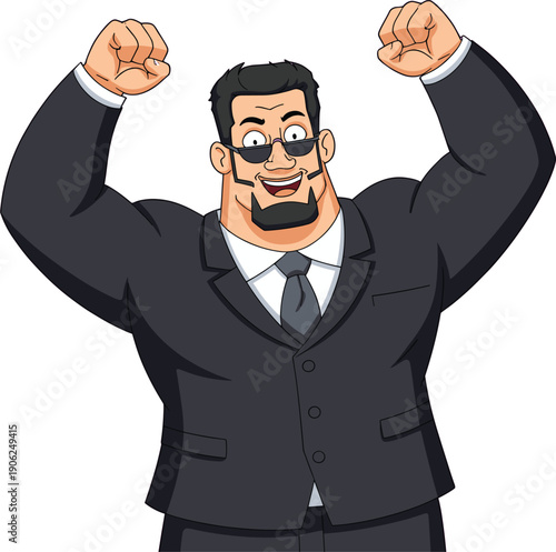 Powerful muscular businessman or bodyguard character in strongman pose celebrating corporate success and security strength flat vector illustration