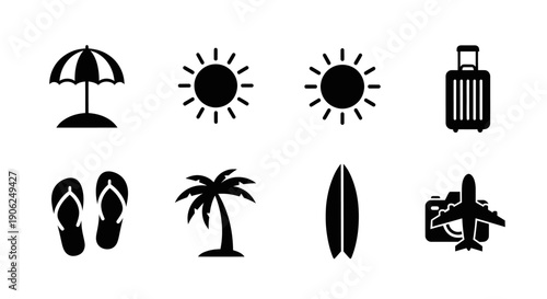 Summer Sport and Beach Activity Icons with Surfboard and Plane