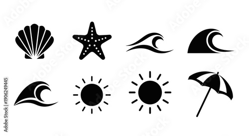 Black Summer Beach Icon Set Shell Starfish Sun Wave Umbrella