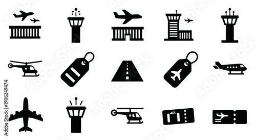 Airport Travel Icon Set Airplane Control Tower Passport Luggage Tag