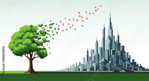 Tree transforming into birds flying towards futuristic cityscape with skyscrapers and modern infrastructure symbolizing nature and urban