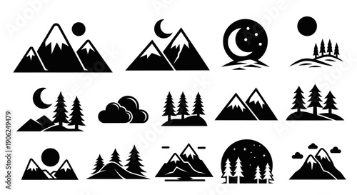 Nature Landscape Icon Set Mountain Forest Moon Sun Cloud Star