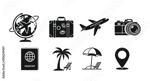 Global Travel Essentials Set Globe Plane Camera Passport Beach Icon