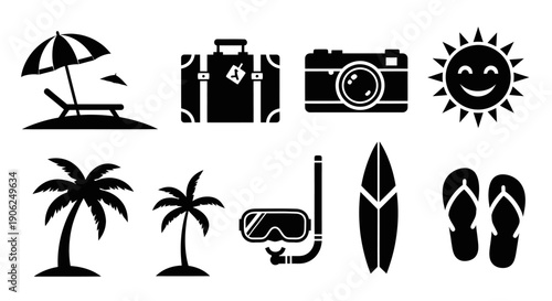 Summer Beach Fun and Snorkeling Equipment Vector Icon Set