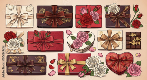 Collection of elegantly wrapped gift boxes with bows and roses in various colors and designs on a soft beige background perfect