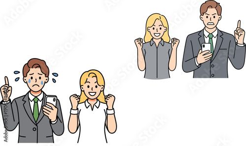 Professional business characters using smartphones with emotional expressions for mobile trading digital communication workplace stress and corporate success flat vector illustration