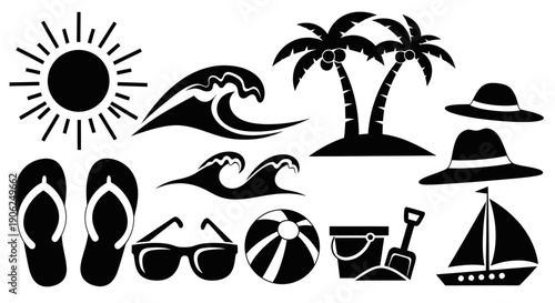 Tropical Beach Vacation Icon Collection And Sand Toys Black Vector