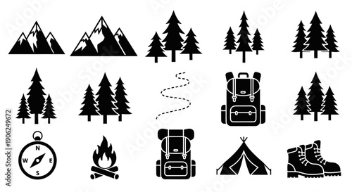 Mountain Hiking And Forest Camping Equipment Set Black Vector Silhouette