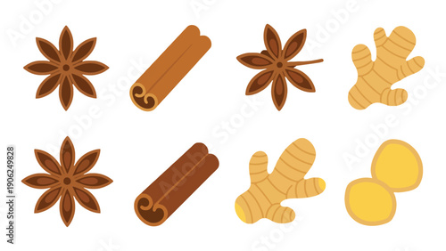 A collection of star anise, cinnamon sticks, and ginger root.