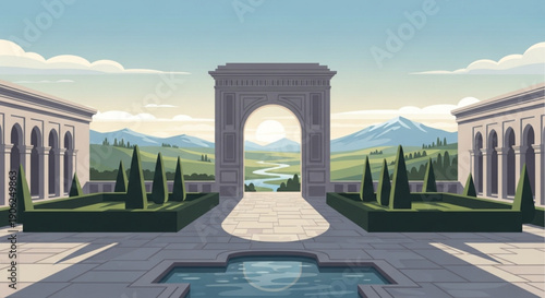 Serene courtyard with classical archway symmetrical garden and majestic mountain landscape in the background perfect for luxury