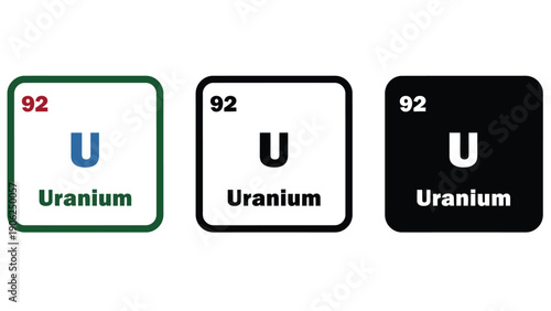 Uranium element symbol illustration in different colors and styles