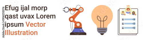 Technology, automation, ideas, productivity, digital workflow, organization. Robotic arm, lightbulb user checklist icons. Technology and innovation for productivity and ideas