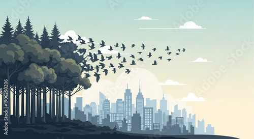 Flock of birds flying from forest to modern cityscape at sunrise with tall trees and skyscrapers in soft gradient light