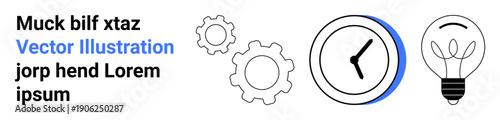 Productivity, innovation, efficiency, time management, teamwork, creative solutions. Iconic gears, clock and light bulb visually . Productivity and innovation