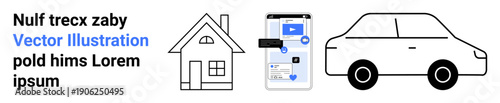 Real estate, technology, transportation, mobile apps, digital communication, navigation. Black-and-white icons of house, smartphone interface and car. Real estate and technology concepts