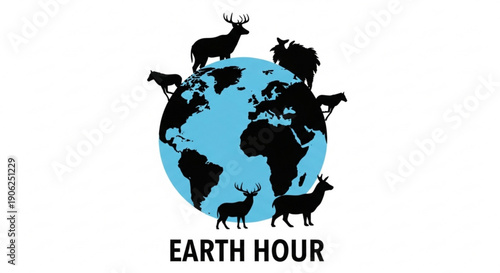 Earth hour logo with animals around the globe on white background