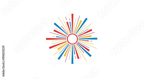 Dynamic abstract radial burst design featuring vibrant primary colors red blue yellow emanating