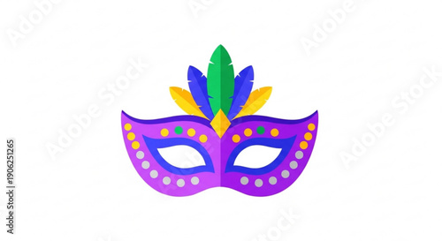 Vibrant purple mardi gras mask with colorful feathers and dots on white background for festive occasions