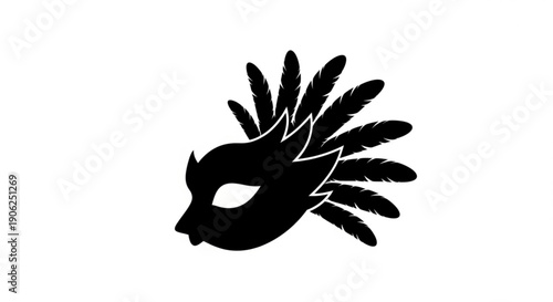 Black masquerade mask with feathers on white background for carnival or party
