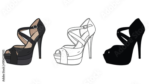 High heel shoe vector illustration with black, white and silhouette styles