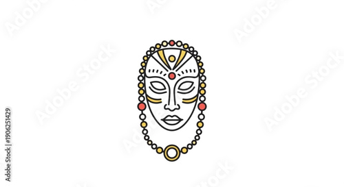 Buddha face with closed eyes and colorful beads around head and neck