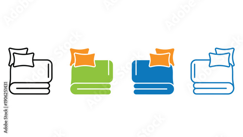 Four stylized icons of a folded blanket with pillows on top.