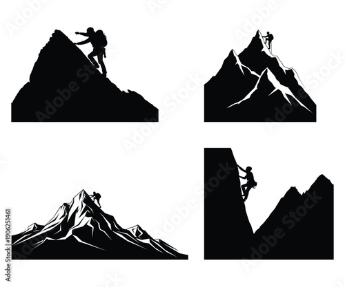 Set of mountaineer silhouettes climbing rocky mountain peaks.