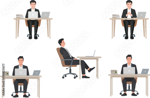 Professional Businessman Character Set Working on Laptop at Desk and Relaxing in Office Chair Flat Vector Illustration