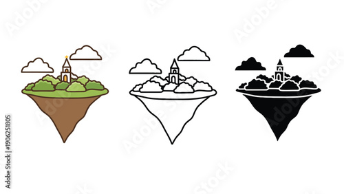 Three illustrations of a floating island with a building and clouds.