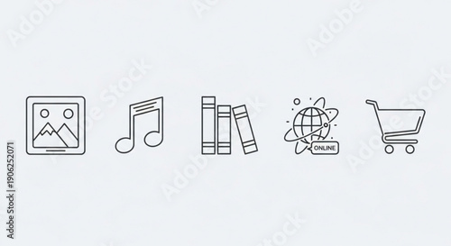 Collection of icons for media education and shopping on a light background