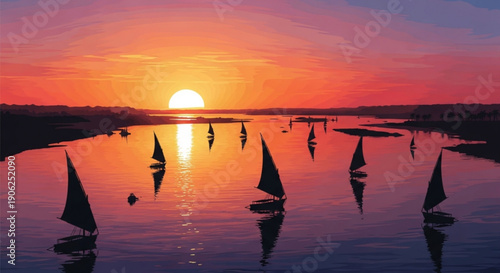 Sailing boats on calm water at serene sunset with vibrant orange and pink hues reflecting on surface