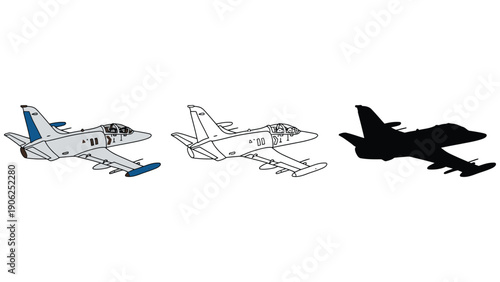 Three different views of a jet airplane are shown.
