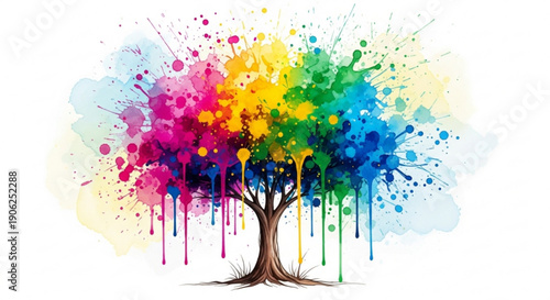 Vibrant tree with colorful paint splashes on white background symbolizing creativity and nature