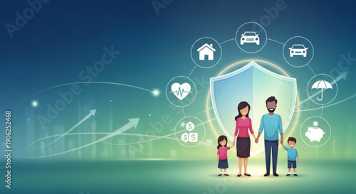 Family protected by insurance shield with icons for home car health and finance on a green background