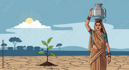 Woman in traditional clothing carrying water jug on head in dry cracked landscape with young plant