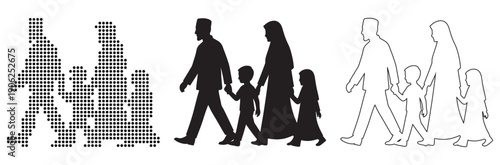 A diverse family walks together, symbolizing unity and connection across different styles and representations.
