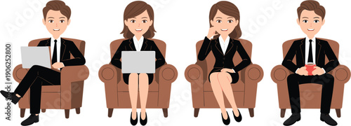 Professional businessmen and businesswomen characters sitting in armchairs with laptops and coffee for corporate lounge meeting and office relaxation design vector