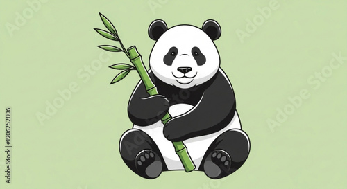 Cute panda bear sitting and holding bamboo stalk with leaves on light green background
