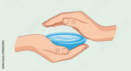 Two hands holding and examining a blue condom package on a light green background