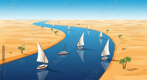 Sailboats on a serene desert river with sandy banks and palm trees under a clear blue sky