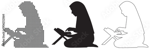 Young girl in hijab reads from a book on a stand, symbolizing education and faith.