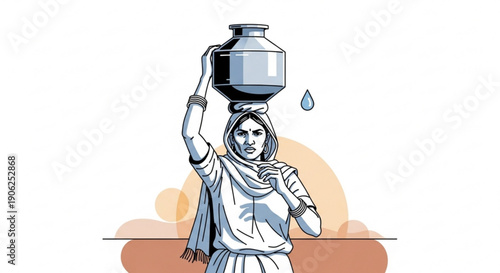 Woman carrying large clay water pot on her head with one hand up outdoors