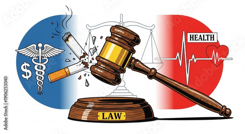Law gavel smashing cigarette symbolizing health versus legal battle over smoking regulations and public health concerns