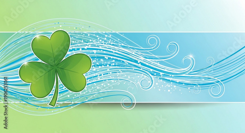 Lucky four leaf clover with swirling blue lines on gradient background for st patrick's day celebrations and good fortune concepts
