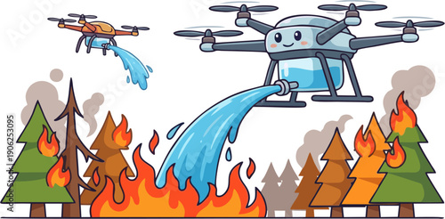 Firefighting Drone Dropping Water on Forest Wildfire, Cartoon Aerial Emergency Illustration