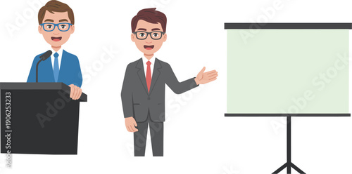Professional businessmen giving corporate presentation with blank projector screen and podium in flat vector style for office training seminars and education