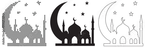 Crescent moon and mosque silhouette with stars for Islamic celebrations