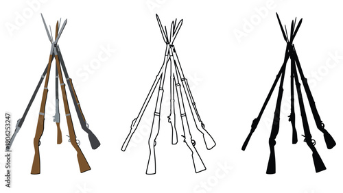 Three different depictions of rifles arranged in a teepee shape.